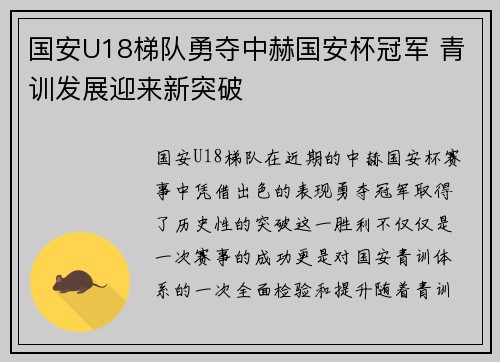 国安U18梯队勇夺中赫国安杯冠军 青训发展迎来新突破