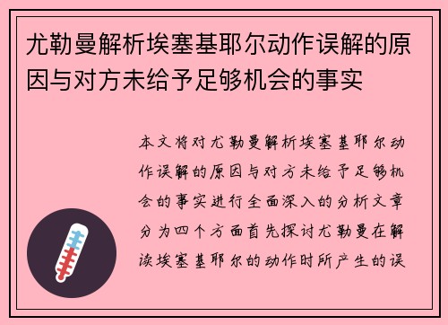 尤勒曼解析埃塞基耶尔动作误解的原因与对方未给予足够机会的事实